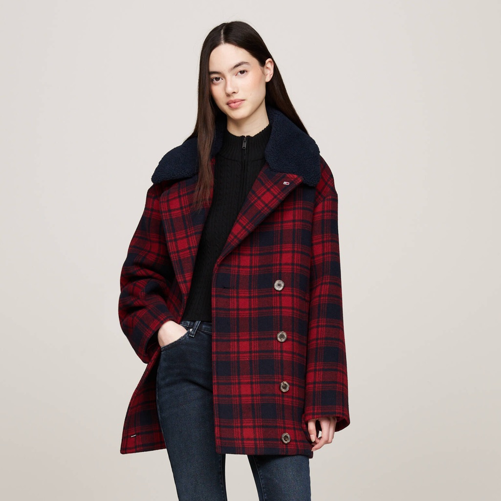 Tommy Hilfiger Teddy-Collar Plaid Pea Coat